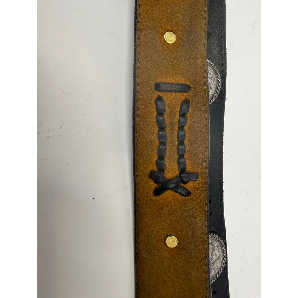 Vintage 1994 Western Black Leather Braided Concho Belt Engraved Buckle Cowboy